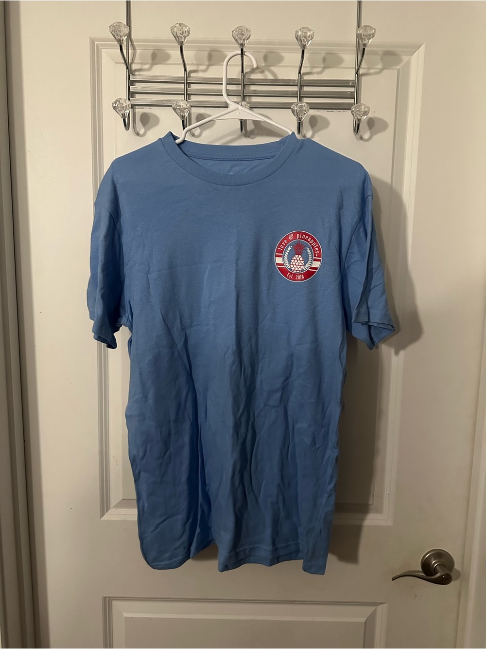 Light Blue Short Sleeve Graphic Tee with Chest Emblem